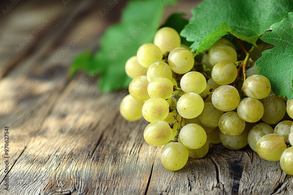 Poster Ripe white grapes on wooden background, copy space for text