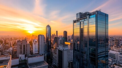 Cityscape with Glass Skyscrapers at Sunset