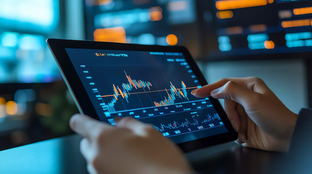 Closeup of hands analyzing financial data on tablet.