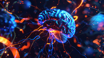 A vibrant digital illustration of a brain intertwined with glowing neural connections, showcasing a dynamic blend of blue and orange colors in a dark space.
