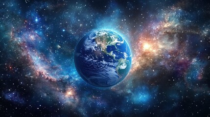 Obraz premium Earth glowing in deep space with a radiant galaxy in the background, framed by bright stars and swirling cosmic wonders