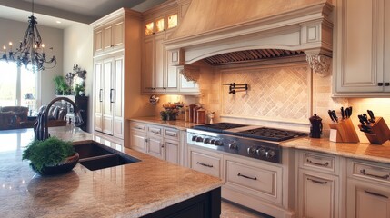 Picture a kitchen with a large range hood as a focal point, complementing the overall design.