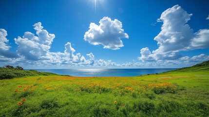 Obraz premium Blue sea under clouds sky and green grass on front view. Beauty nature