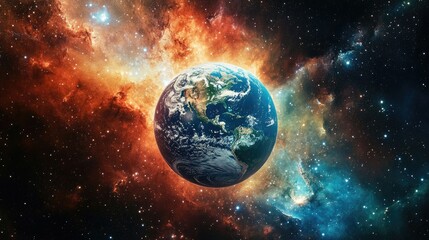 Earth viewed from space, surrounded by a brilliant galaxy of stars and nebulae, capturing the majesty of the cosmos and the beauty of our world