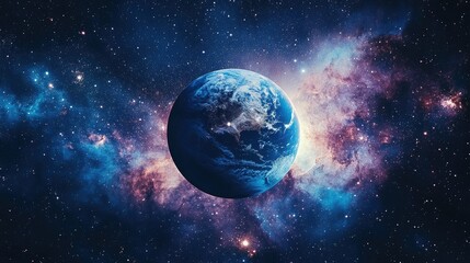 Obraz premium Earth viewed from space, surrounded by a brilliant galaxy of stars and nebulae, capturing the majesty of the cosmos and the beauty of our world