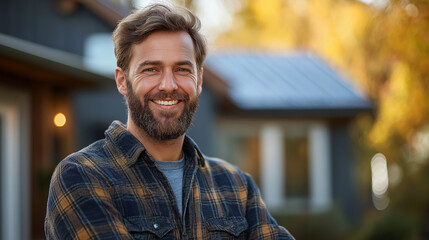 Fototapeta premium Portrait of maintenance specialist or engineer of solar energy plant.