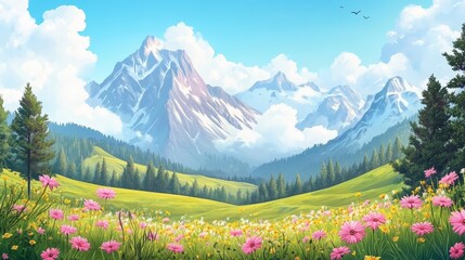 Fototapeta premium Picturesque Mountain Meadow with Pink Flowers and Blue Sky