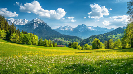 On a sunny spring day, the Alps are breathtaking. Lush green meadows bloom under the bright sky. This picturesque scene is in Berchtesgadener Land National Park, Bavaria, Germany.