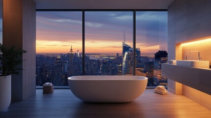 Elegant minimalist bathroom with a freestanding tub, large window, and panoramic city view, offering a calming space in a modern, urban environment