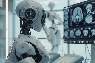 Fototapeta premium AI robot analyzing human brain scans in a futuristic laboratory setting, illustrating cutting-edge technology, artificial intelligence in medical diagnostics, and innovation in healthcare