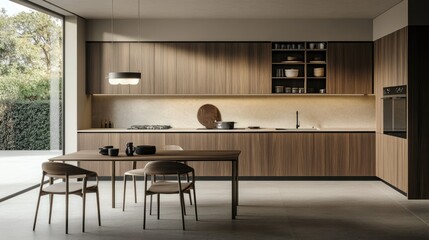 Fototapeta premium Elegant wooden kitchen in a minimalist style with a simple table and chairs, showcasing a clean and modern design approach.