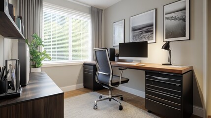 Picture an adult home office with a clean, organized desk, a high-tech computer setup, and inspiring decor