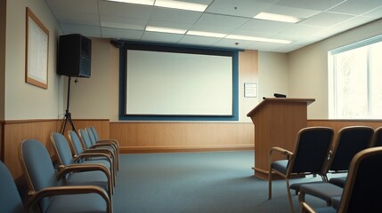 Picture an adult seminar room with a professional setup.