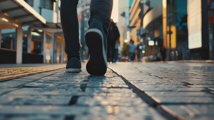 Fototapeta premium Back view of a man walking on crosswalk in the city street crowd.