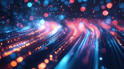 Fiber optic cables with vibrant light effects on a technology-themed background, highlighting the advanced nature of network connections.
