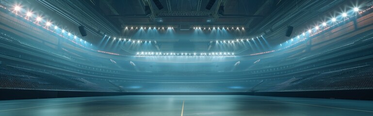 Empty indoor stadium with bright lights featuring a vast arena floor and seating areas.
