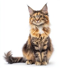 A Maine Coon cat with brown, black, and white fur sits looking up with a curious expression on a white background.