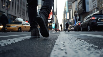 Back view of a man walking on crosswalk in the city street crowd.