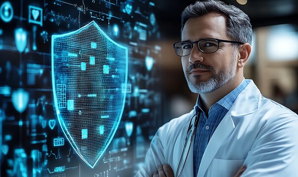  illustration of HIPAA Compliance, Showcase healthcare professionals and IT specialists ensuring compliance with the Health Insurance design 
