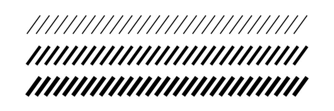 Slash line border. Diagonal parallel lines divider strip. Tilt strip geometric abstract border. Slash divider. Vector illustration isolated on white background.