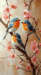 Fototapeta premium A couple Icterus galbula perching near a flower tree branch, colorful, blur background, spring theme