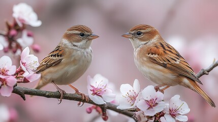 Fototapeta premium couple cisticola perching near a flower tree branch