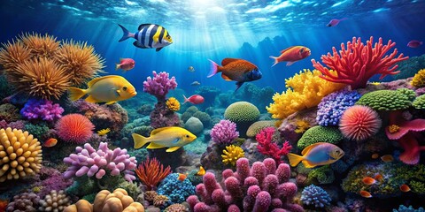 Vibrant underwater coral reef scene with tropical fish swimming amidst colorful sea plants