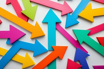 Multiple colorful arrows intersecting at different angles on a white background, symbolizing various paths or choices.