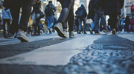 Back view of a man walking on crosswalk in the city street crowd.