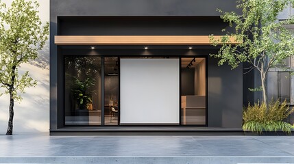 Modern storefront with large blank sign and glass windows