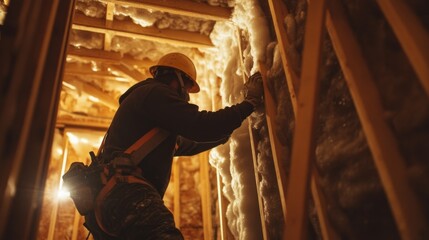 Construction Worker Installing Insulation in Wall Frame
