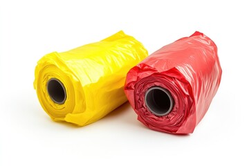 red and yellow rolls of garbage bags isolated on white