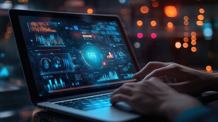 Fototapeta premium Hands on a laptop screen showcasing marketing automation software and technology for global campaign management.