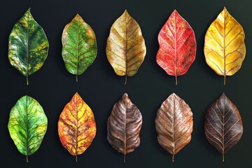 Obraz premium Seasonal changes in leaf color from green to red yellow and brown.
