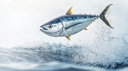 High-impact shot of a tuna fish jumping out of the water, set against a white background for dramatic effect