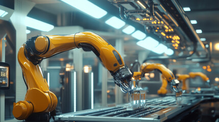 High-tech robotic arms and tools in an automated production line