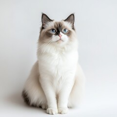 A white and gray Ragdoll cat with blue eyes sits looking up, against a plain white background.