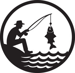 Iconic Fishing Scene: Fisherman with Fishing Tackle Silhouette. Fishing vector.