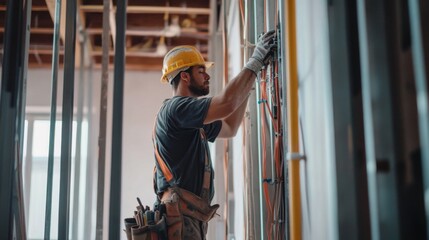 Construction Worker Installing Electrical Wiring in a Wall