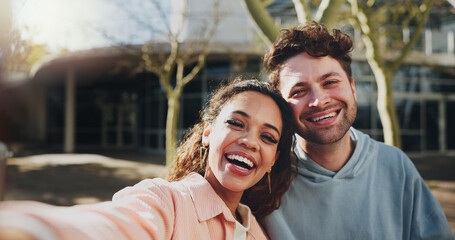 Happy couple, students and love with selfie for memory, picture or photography at outdoor campus. Young, man and woman with smile in joy for moment, capture or friendship together at university © PeakPoints/peopleimages.com