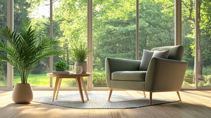 Obraz premium Inviting living room scene with an armchair, sofa, and table, plus a plant, set on wooden flooring with a view of the outdoors.