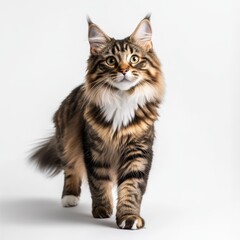 A brown tabby Maine Coon cat with white chest fur walks towards the camera against a white background.