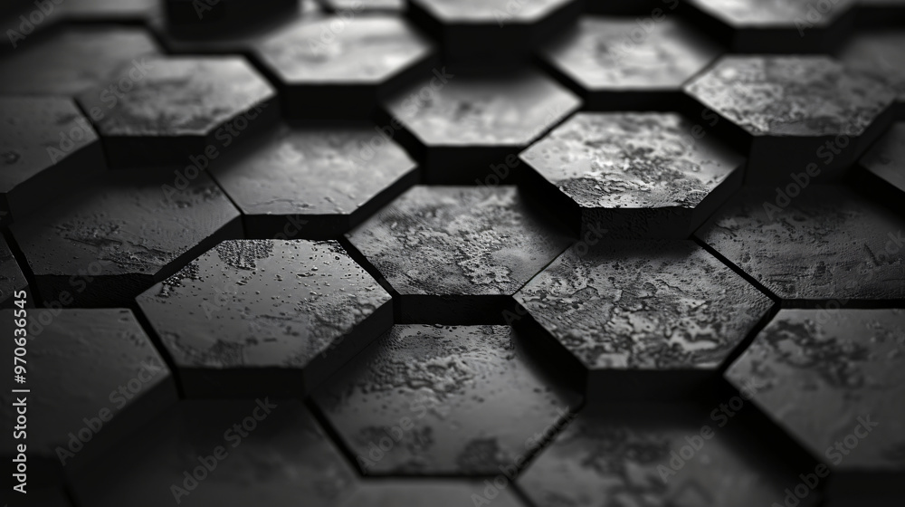 Poster a detailed image of hexagonal tiles arranged in a pattern, featuring a worn texture that adds depth 