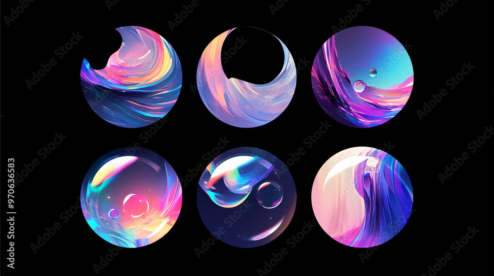 Poster A vibrant collection of six colorful abstract circles filled with flowing patterns and bubbles, creating a mesmerizing and artistic visual effect.