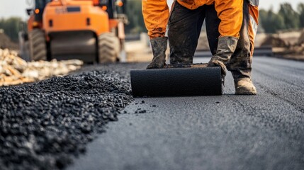 Construction Worker Rolling Out Asphalt on a New Road
