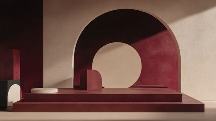 Light maroon and dark beige podium with geometric elements in a sleek artistic studio environment
