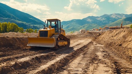 Obraz premium Yellow Bulldozer on a Dirt Road in a Mountainous Landscape