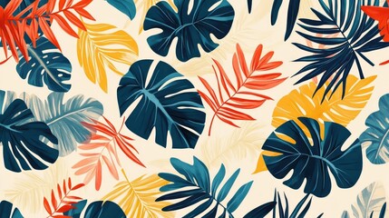 Tropical Leaves Seamless Pattern with Diverse Shapes and Colors on Light Background, Suitable for Textiles and Wallpapers