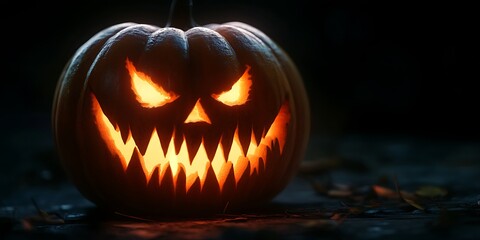 Fototapeta premium Spooky Halloween Pumpkin with Evil Grin Illuminated from Within