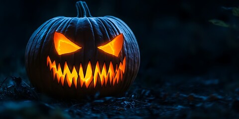 Obraz premium Spooky Halloween Pumpkin with Evil Grin Illuminated from Within